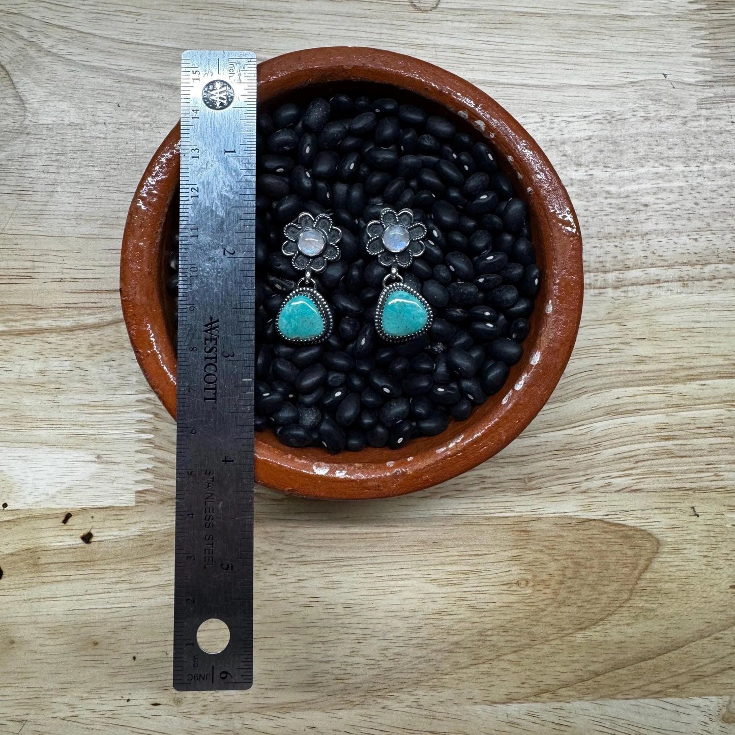 Kingman Turquoise and Moonstone Flower Dangle Earrings
