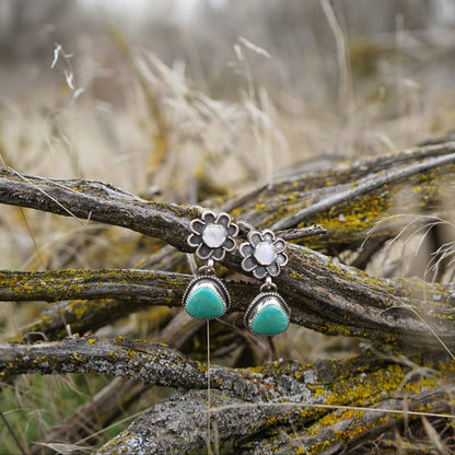 Kingman Turquoise and Moonstone Flower Dangle Earrings