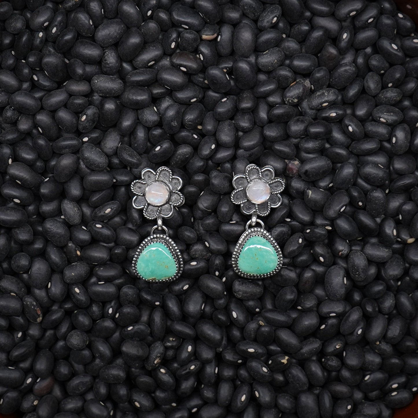 Kingman Turquoise and Moonstone Flower Dangle Earrings