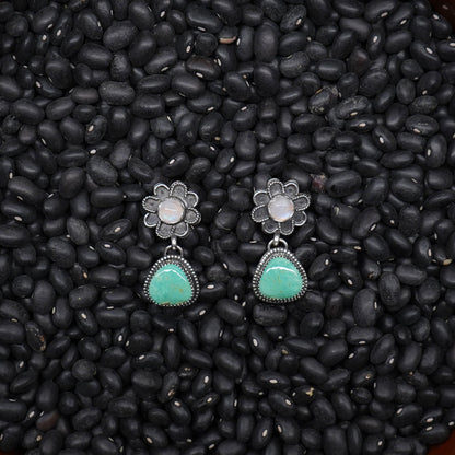 Kingman Turquoise and Moonstone Flower Dangle Earrings