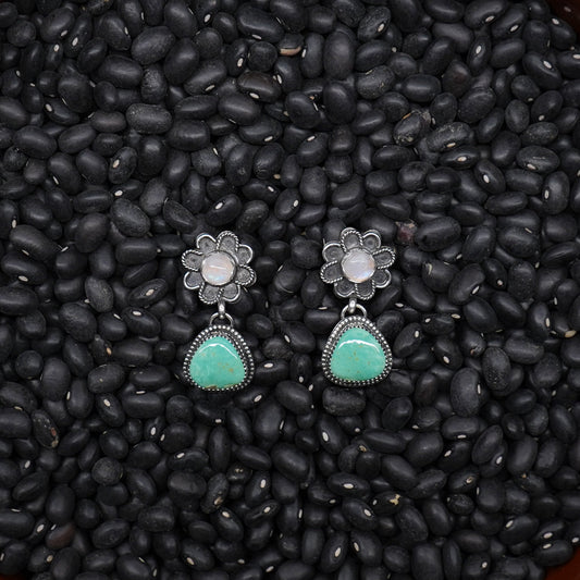 Kingman Turquoise and Moonstone Flower Dangle Earrings